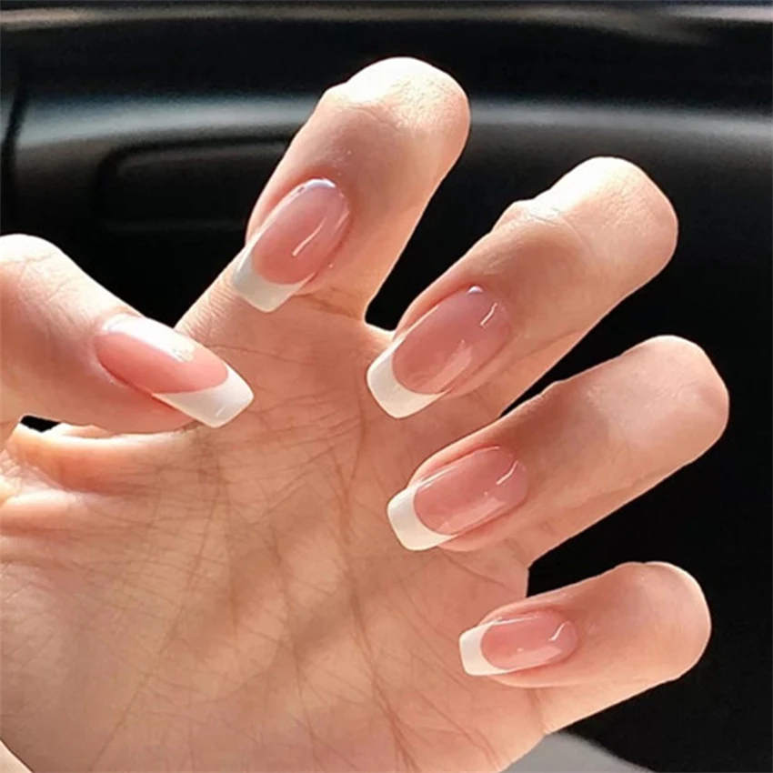 Nail Art Press On - Faux ongles français courts et minimalistes,