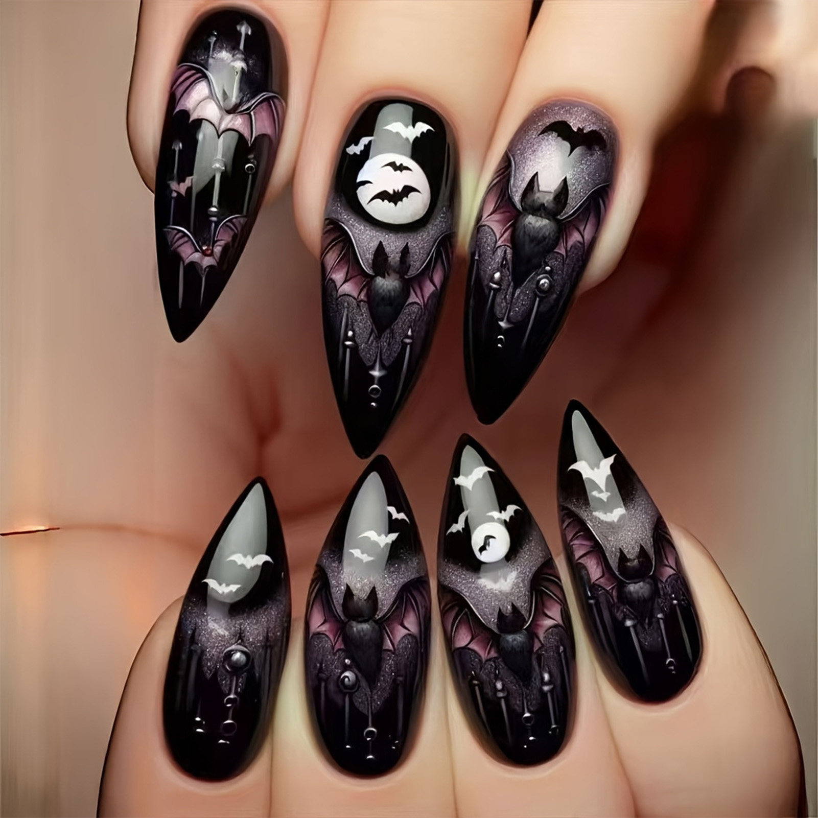 Nail Art Press On - 24 faux ongles d'Halloween noirs en